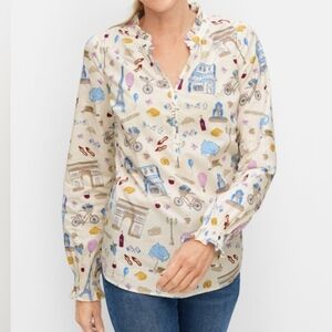 Talbots Paris Icon Ruffle Trim PoppverCream Multicolor Printed Blouse PXL
